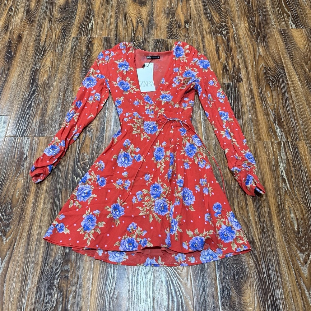 NEW ZARA Women's Red Floral Wrap Mini Dress Size XS V-Neck  Long  Sleeve Boho